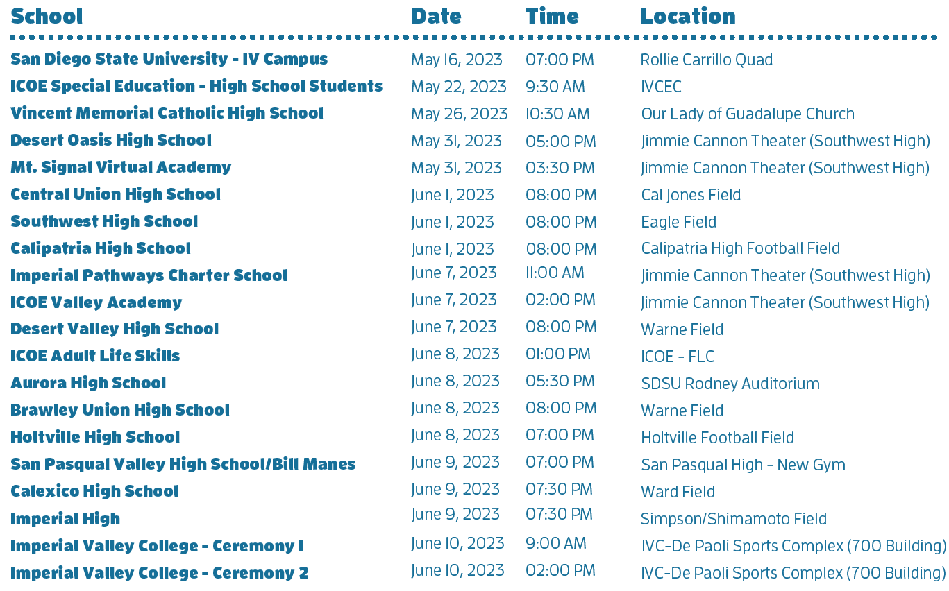 Graduation Dates Released Imperial County Office of Education